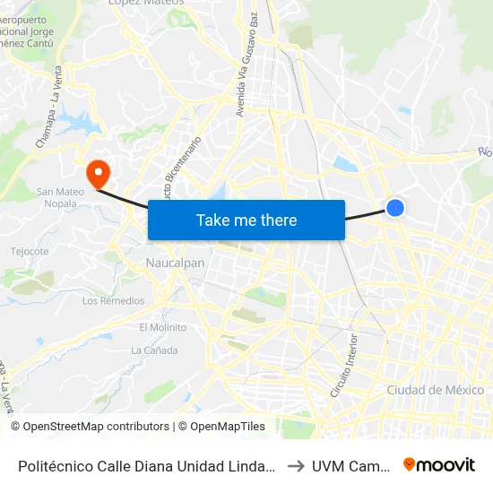 Politécnico Calle Diana Unidad Lindavista Vallejo Gustavo A. Madero Cdmx 07720 México to UVM Campus Lomas Verdes map