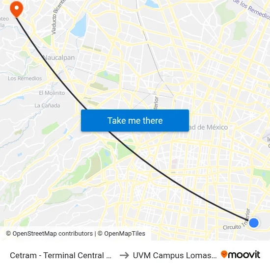 Cetram - Terminal Central de Abasto to UVM Campus Lomas Verdes map