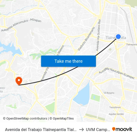 Avenida del Trabajo Tlalnepantla Tlalnepantla de Baz Estado de México 54000 México to UVM Campus Lomas Verdes map