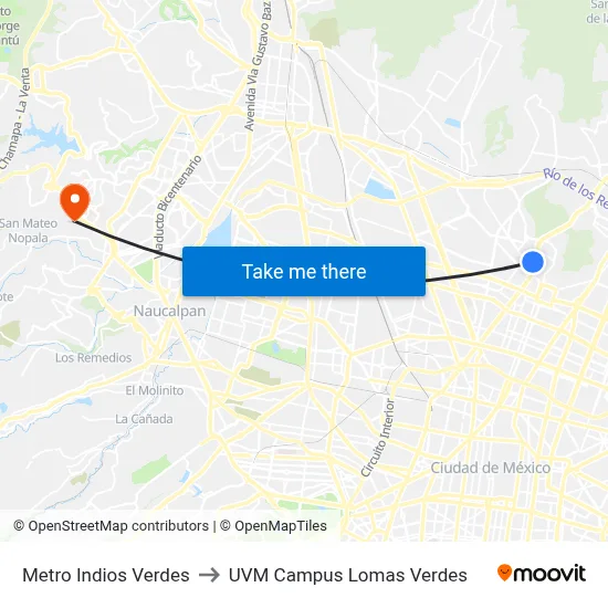Metro Indios Verdes to UVM Campus Lomas Verdes map