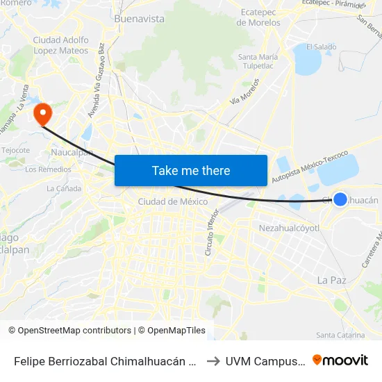 Felipe Berriozabal Chimalhuacán Estado de México 56335 México to UVM Campus Lomas Verdes map