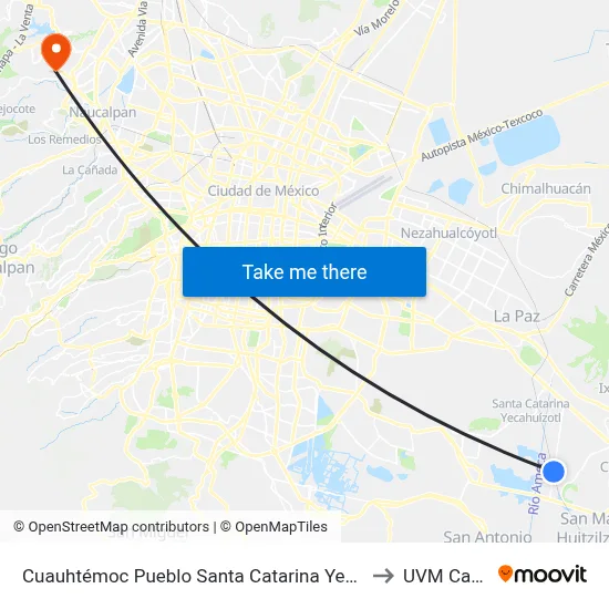 Cuauhtémoc Pueblo Santa Catarina Yecahuizotl Xico Valle de Chalco Solidaridad Estado de México 13100 México to UVM Campus Lomas Verdes map