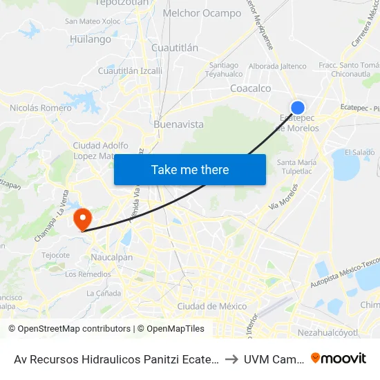 Av Recursos Hidraulicos Panitzi Ecatepec Ecatepec de Morelos Estado de México 55000 México to UVM Campus Lomas Verdes map