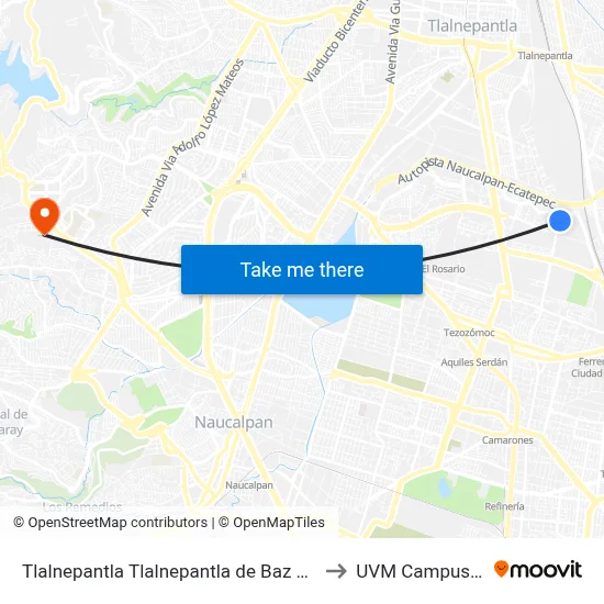 Tlalnepantla Tlalnepantla de Baz Estado de México 54099 México to UVM Campus Lomas Verdes map