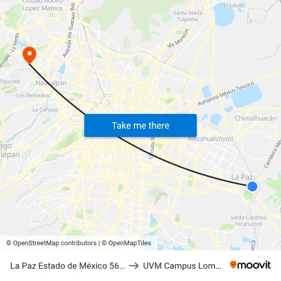 La Paz Estado de México 56400 México to UVM Campus Lomas Verdes map