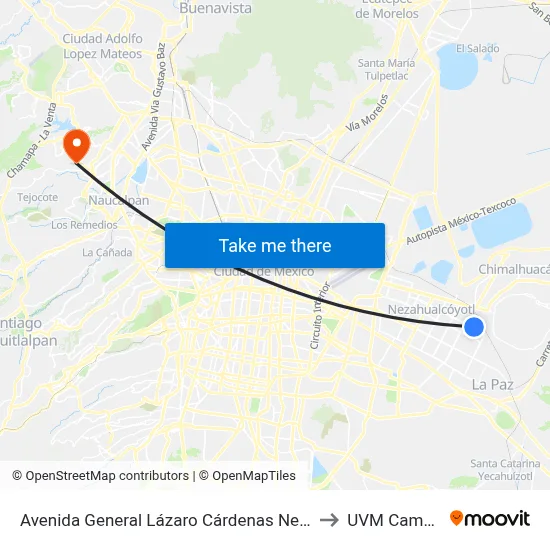 Avenida General Lázaro Cárdenas Neza Nezahualcóyotl Estado de México 57800 México to UVM Campus Lomas Verdes map