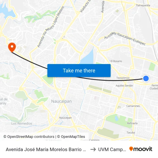 Avenida José María Morelos Barrio San Andrés Azcapotzalco Cdmx 02240 México to UVM Campus Lomas Verdes map