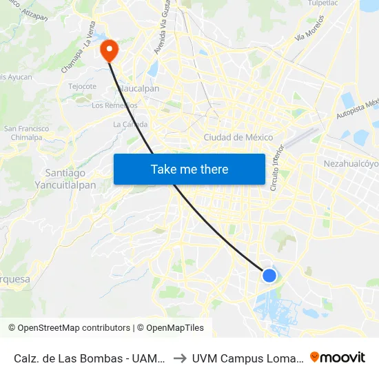 Calz. de Las Bombas - UAM Xochimilco to UVM Campus Lomas Verdes map