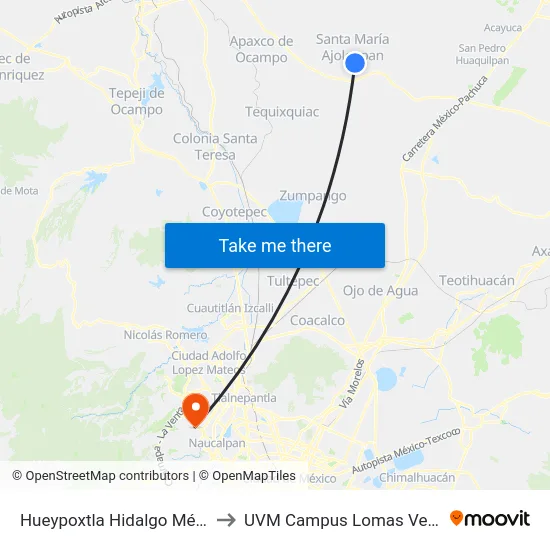Hueypoxtla Hidalgo México to UVM Campus Lomas Verdes map