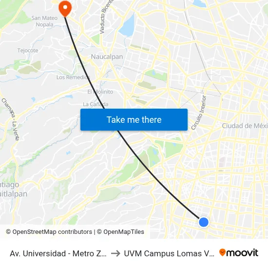 Av. Universidad  - Metro Zapata to UVM Campus Lomas Verdes map