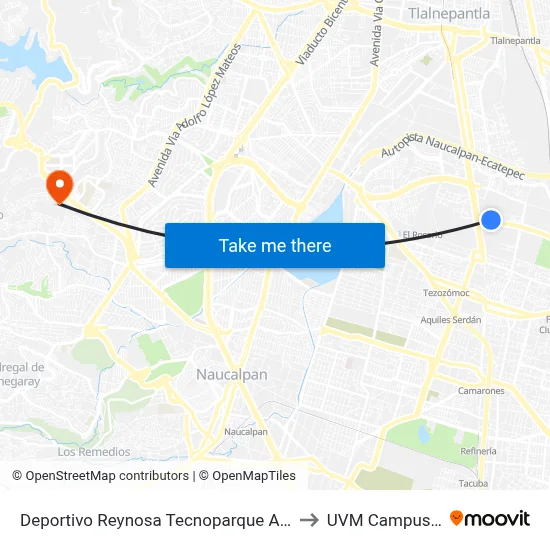 Deportivo Reynosa Tecnoparque Azcapotzalco Cdmx 02128 México to UVM Campus Lomas Verdes map