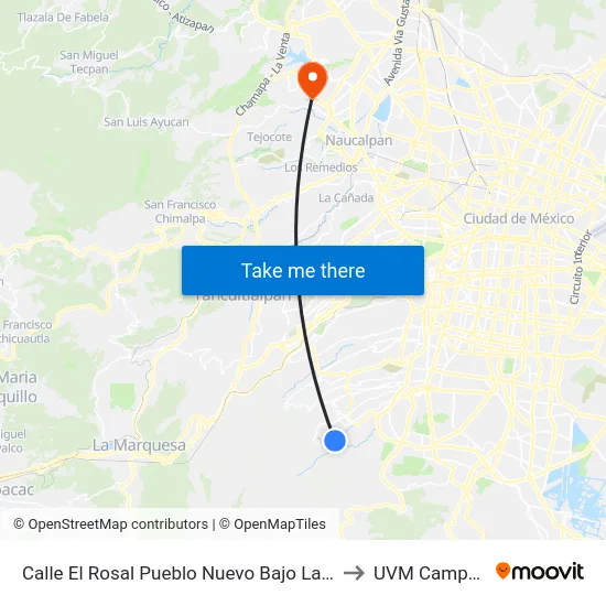 Calle El Rosal Pueblo Nuevo Bajo La Magdalena Contreras Cdmx 10640 México to UVM Campus Lomas Verdes map