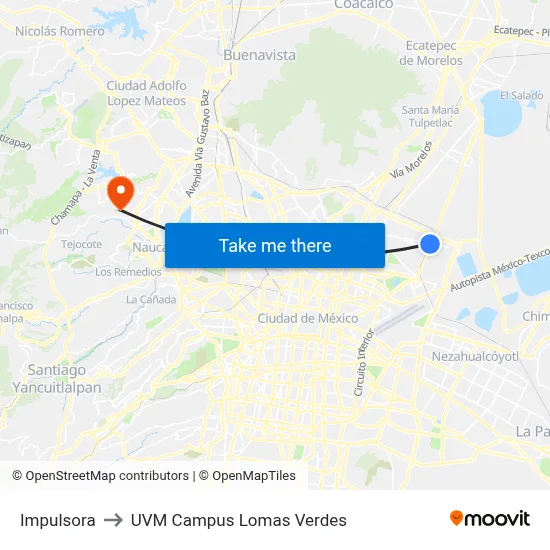 Impulsora to UVM Campus Lomas Verdes map