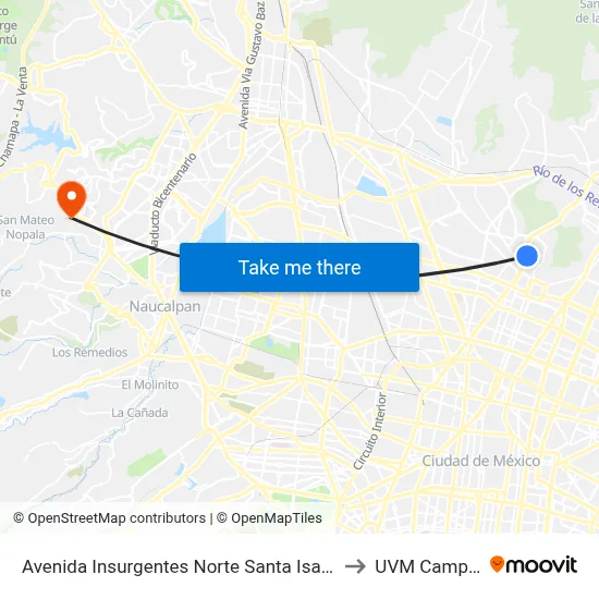 Avenida Insurgentes Norte Santa Isabel Tola Gustavo A. Madero Cdmx 07010 México to UVM Campus Lomas Verdes map