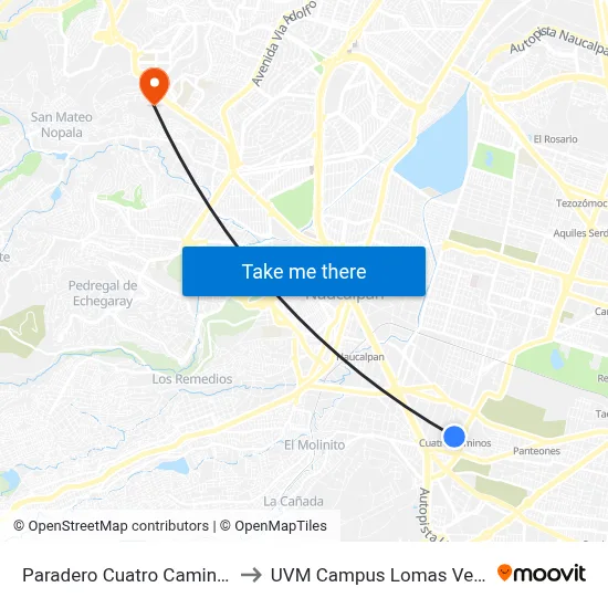 Paradero Cuatro Caminos 4 to UVM Campus Lomas Verdes map