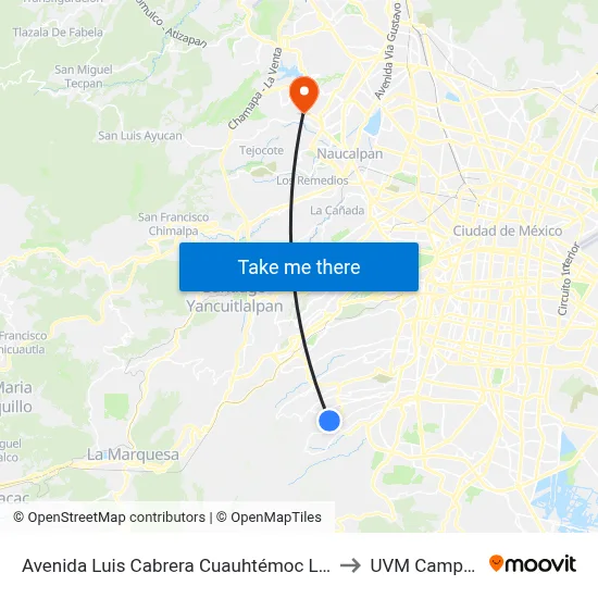 Avenida Luis Cabrera Cuauhtémoc La Magdalena Contreras Cdmx 10020 México to UVM Campus Lomas Verdes map