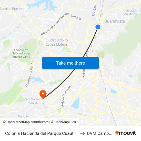 Colonia Hacienda del Parque Cuautitlán Izcalli Estado de México 54763 México to UVM Campus Lomas Verdes map