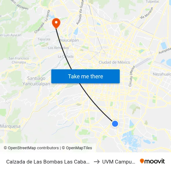 Calzada de Las Bombas Las Cabañas Coyoacán Cdmx 04899 México to UVM Campus Lomas Verdes map