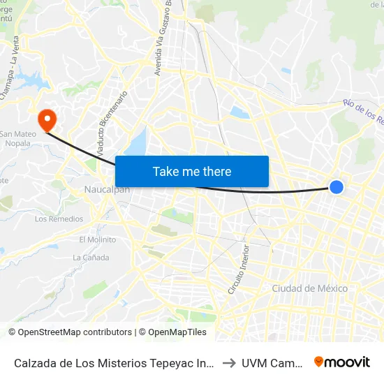 Calzada de Los Misterios Tepeyac Insurgentes Gustavo A. Madero Cdmx 07020 México to UVM Campus Lomas Verdes map