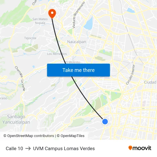 Calle 10 to UVM Campus Lomas Verdes map
