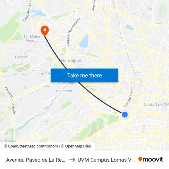 Avenida Paseo de La Reforma to UVM Campus Lomas Verdes map