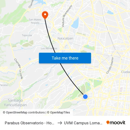 Parabus Observatorio - Hospital Abc to UVM Campus Lomas Verdes map