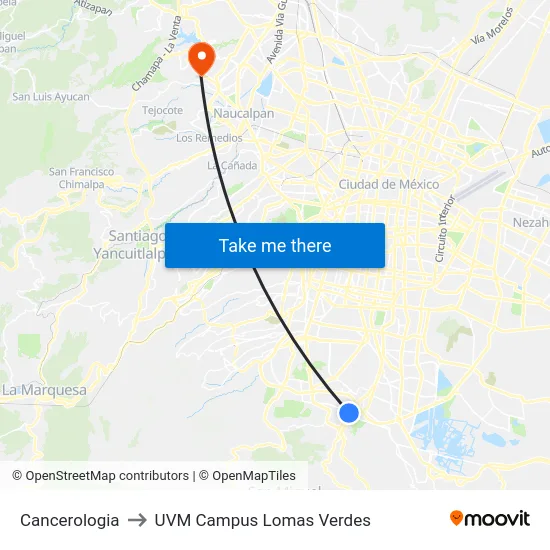 Cancerologia to UVM Campus Lomas Verdes map