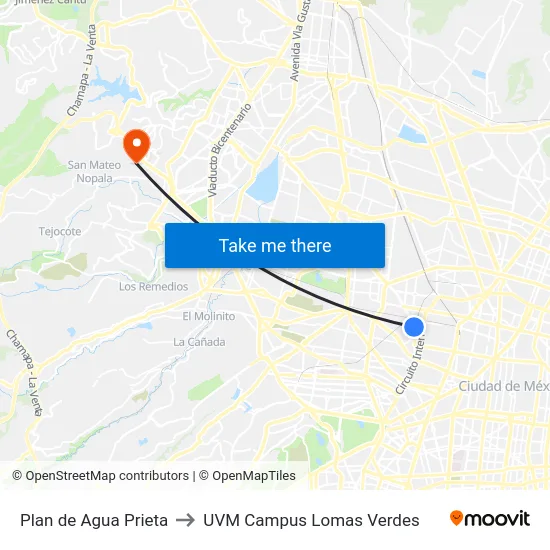 Plan de Agua Prieta to UVM Campus Lomas Verdes map