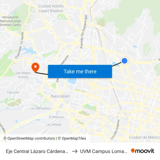 Eje Central Lázaro Cárdenas - Calle 16 to UVM Campus Lomas Verdes map