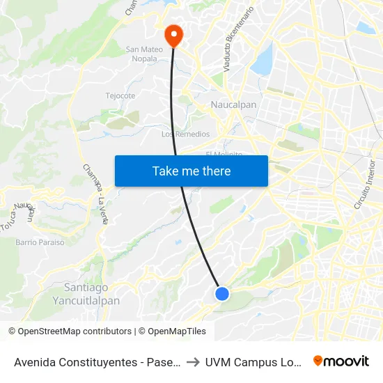 Avenida Constituyentes - Paseo de La Reforma to UVM Campus Lomas Verdes map