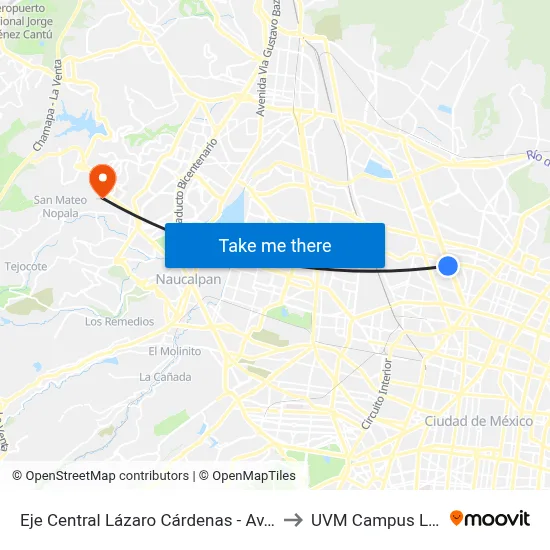 Eje Central Lázaro Cárdenas - Av. Sur de Los 100 Metros to UVM Campus Lomas Verdes map