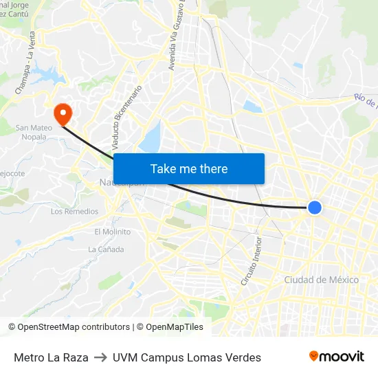 Metro La Raza to UVM Campus Lomas Verdes map