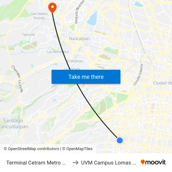Terminal Cetram Metro Mixcoac to UVM Campus Lomas Verdes map