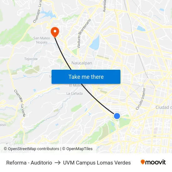 Reforma - Auditorio to UVM Campus Lomas Verdes map