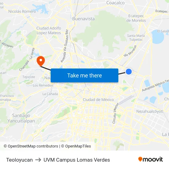 Teoloyucan to UVM Campus Lomas Verdes map