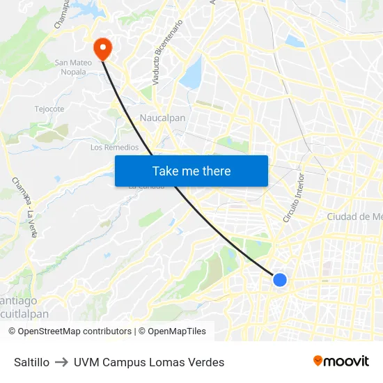Saltillo to UVM Campus Lomas Verdes map