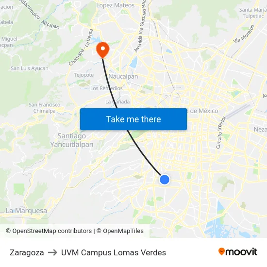 Zaragoza to UVM Campus Lomas Verdes map