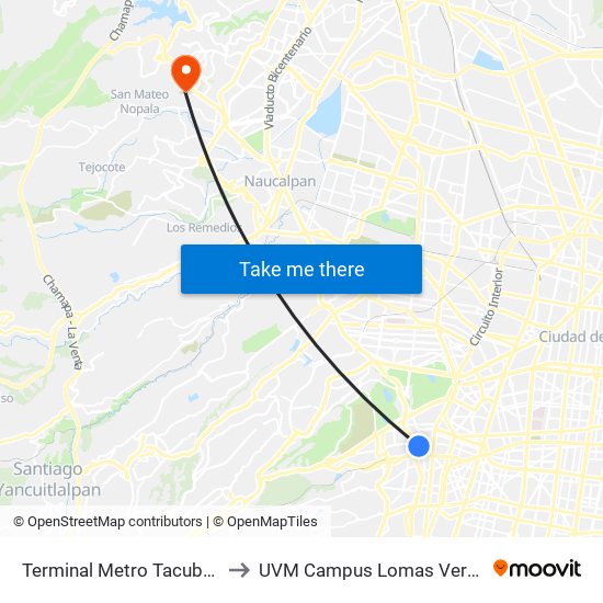 Terminal Metro Tacubaya to UVM Campus Lomas Verdes map