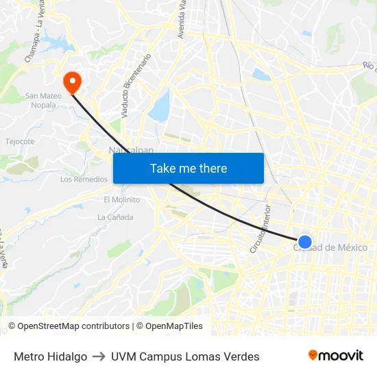 Metro Hidalgo to UVM Campus Lomas Verdes map