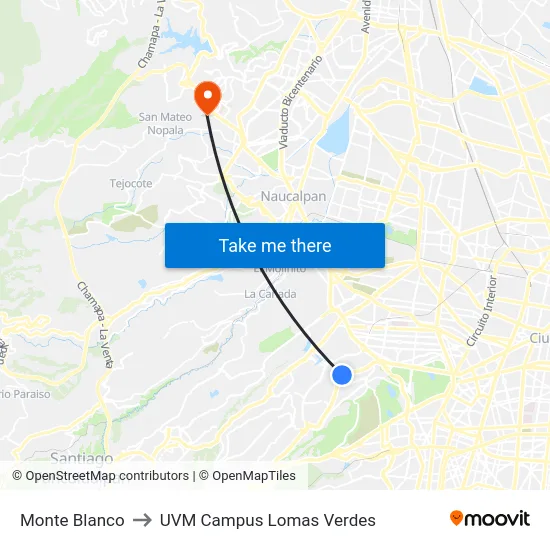 Monte Blanco to UVM Campus Lomas Verdes map