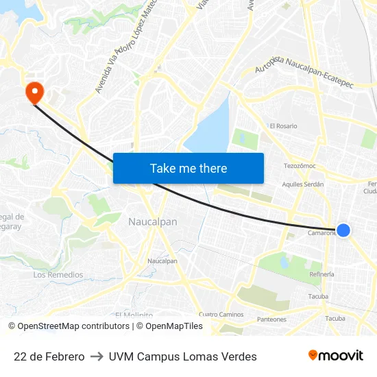 22 de Febrero to UVM Campus Lomas Verdes map