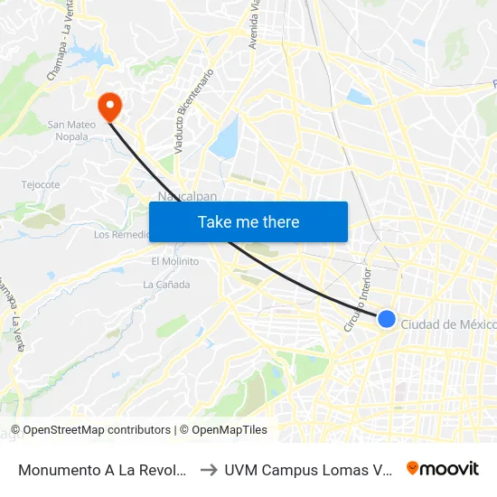 Monumento A La Revolución to UVM Campus Lomas Verdes map