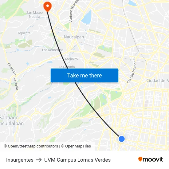 Insurgentes to UVM Campus Lomas Verdes map