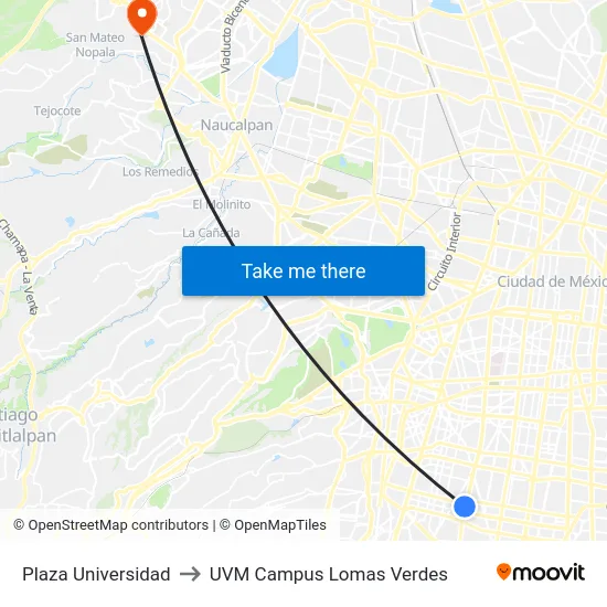 Plaza Universidad to UVM Campus Lomas Verdes map