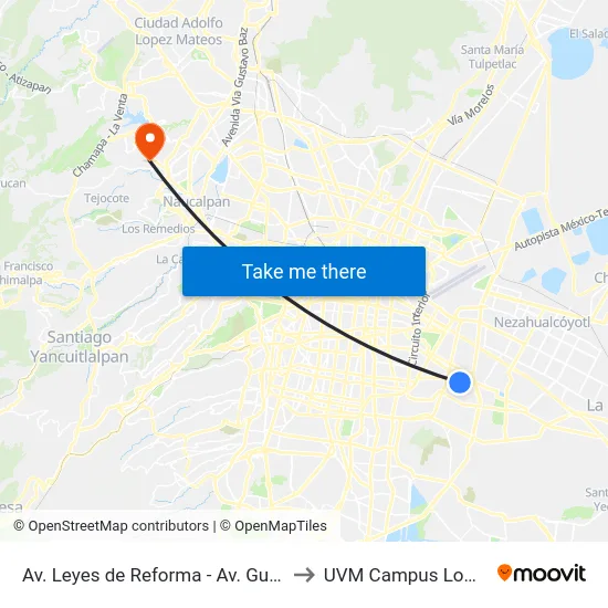 Av. Leyes de Reforma - Av. Guerra de Reforma to UVM Campus Lomas Verdes map