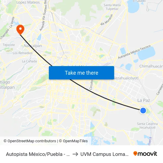 Autopista México/Puebla - La Virgen to UVM Campus Lomas Verdes map