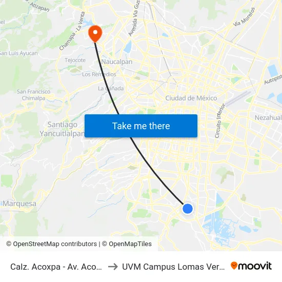 Calz. Acoxpa - Av. Acoxpa to UVM Campus Lomas Verdes map