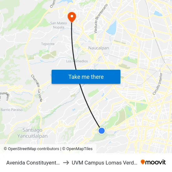 Avenida Constituyentes to UVM Campus Lomas Verdes map