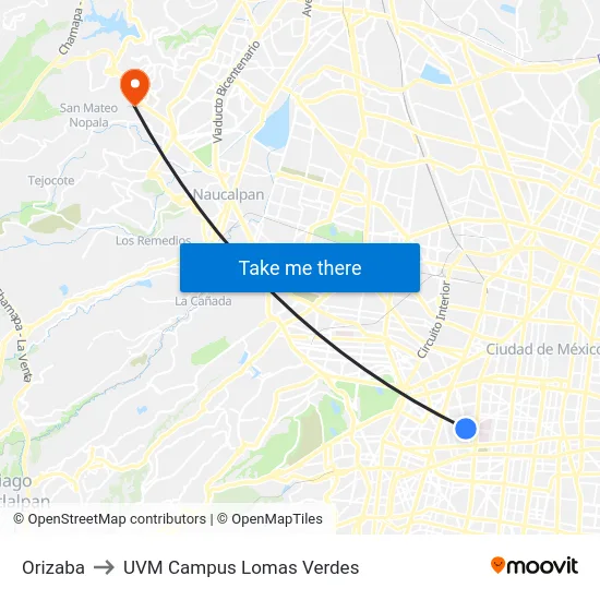 Orizaba to UVM Campus Lomas Verdes map