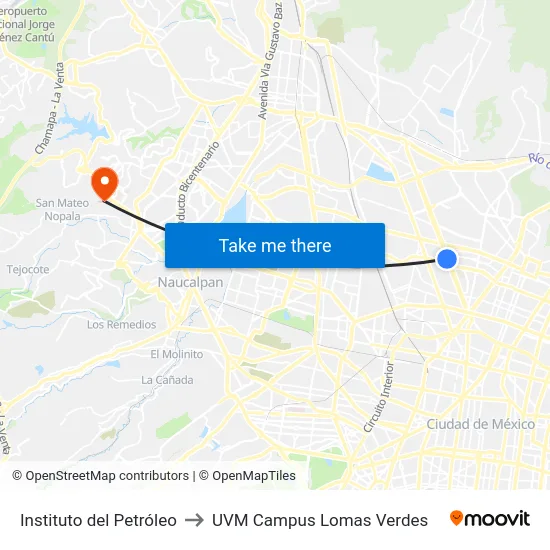 Instituto del Petróleo to UVM Campus Lomas Verdes map